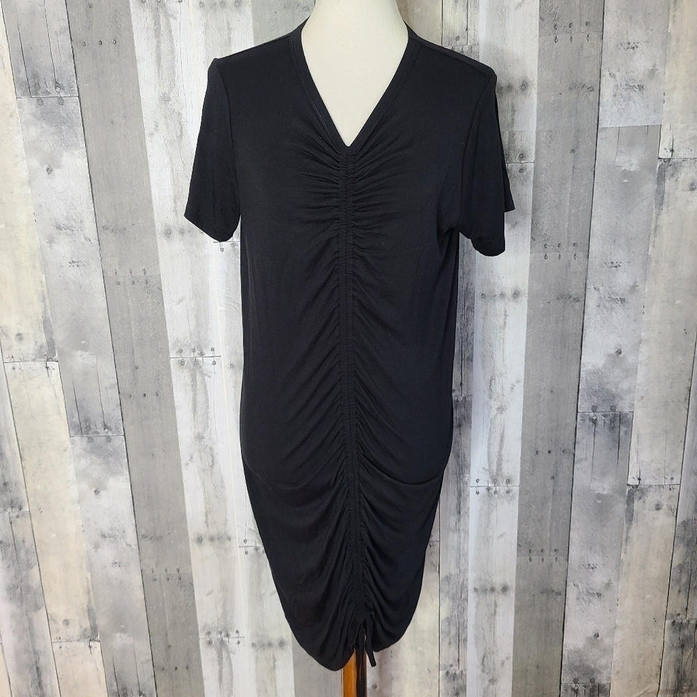 NEW SEN Collection Canarias Black Large Short Sleeve V Neck Ruched Dress